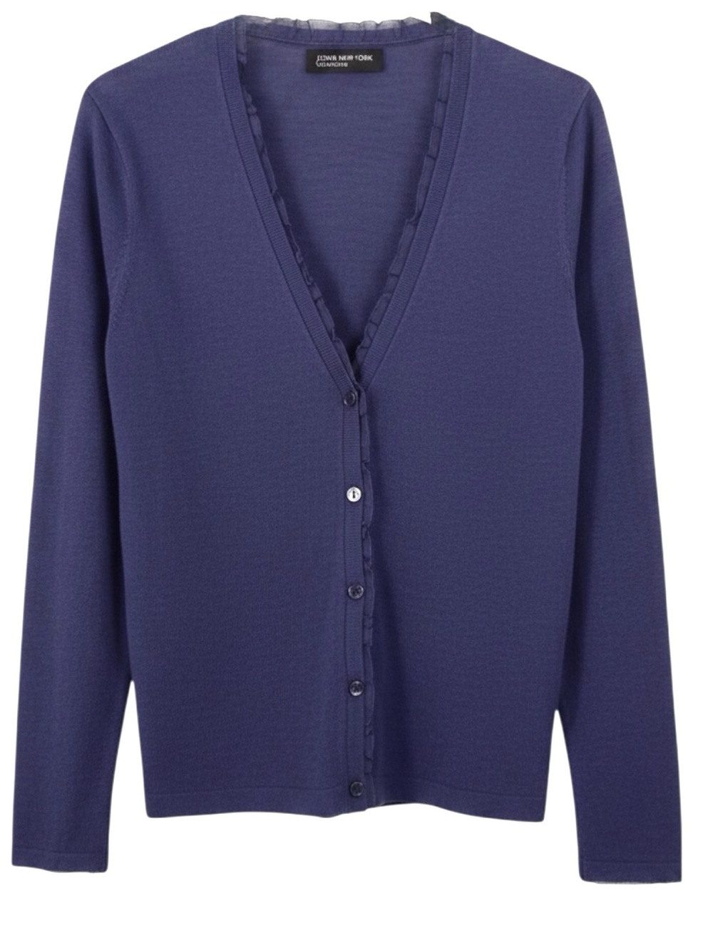 Jones New York Collection M Petite Blue Linen Blend Cardigan Ruffle Trim Silk